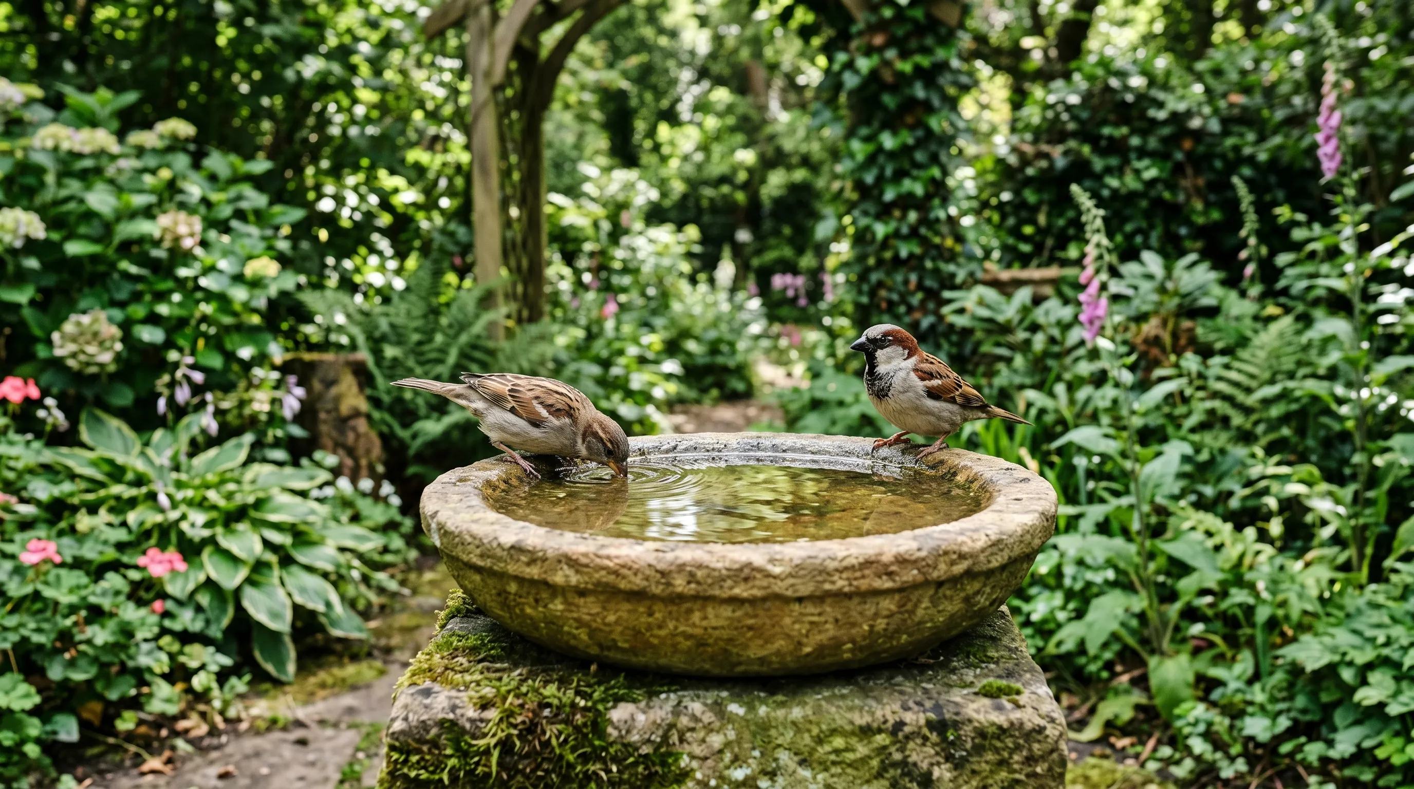 A UK garden bird bath with shallow water visible, set on a low stone plinth in a shaded position, with two house sparrows visiting