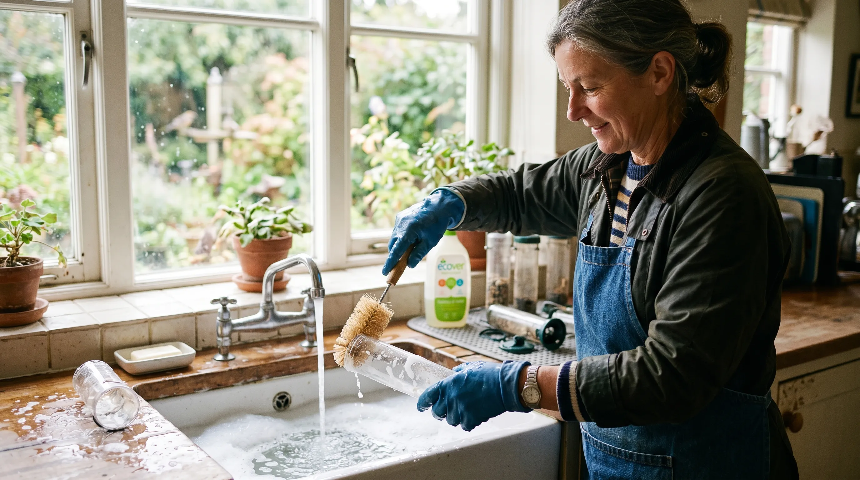 A UK gardener cleaning a tube bird feeder in a sink with a bottle brush and warm soapy water, with several feeders awaiting attention on the kitchen counter