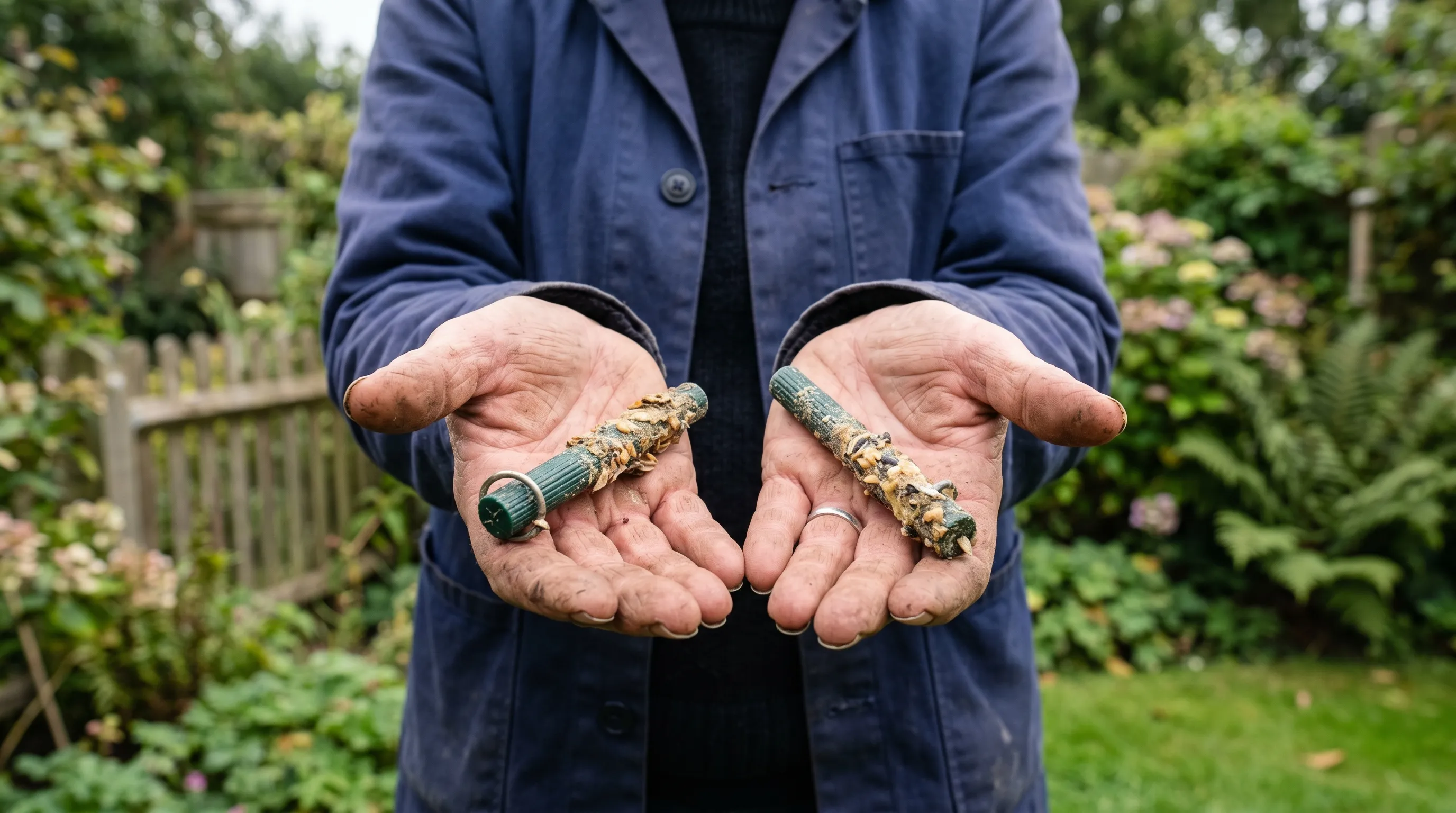 A UK gardener's hands holding two perches from a disassembled bird feeder, both showing the dried biofilm and seed residue that builds up at feeding stations and must be scrubbed off in the weekly clean