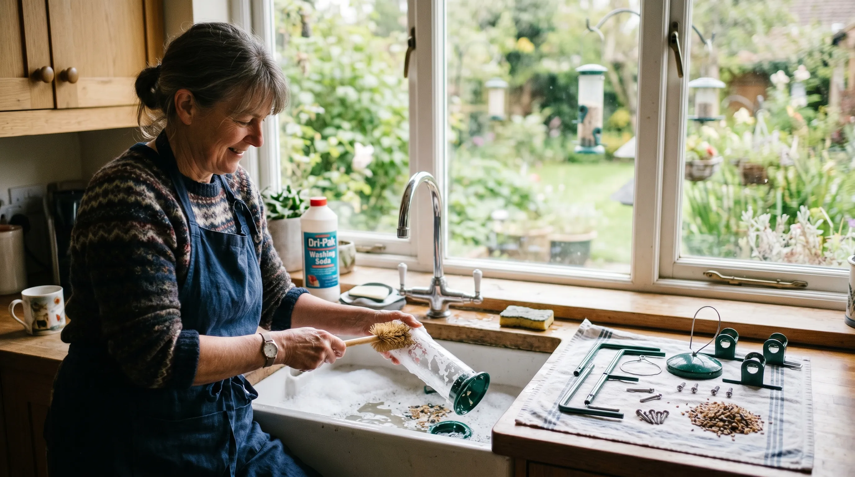 A UK gardener cleaning a tube bird feeder in a sink with warm soapy washing soda solution and a bottle brush, with the disassembled feeder parts laid out on the counter for thorough cleaning