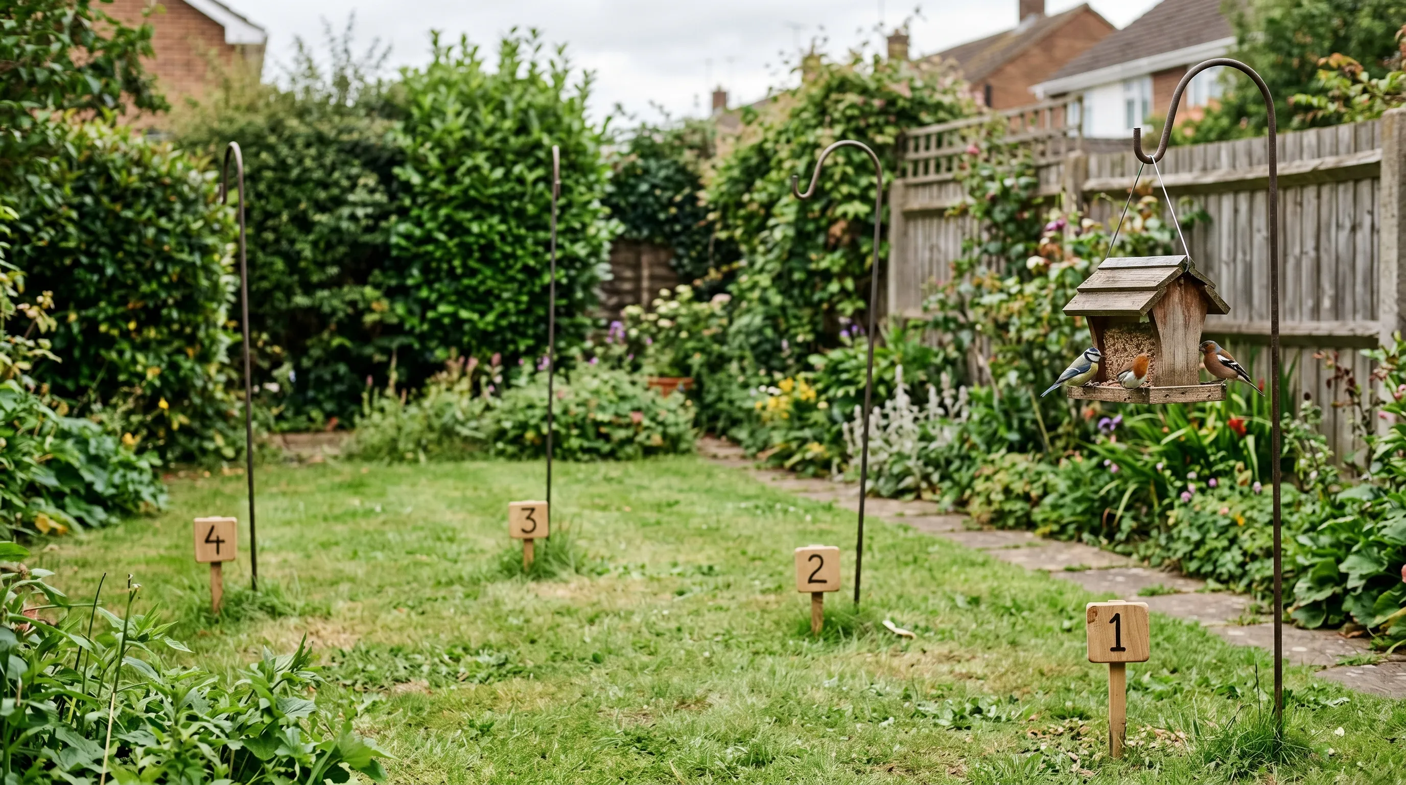 A UK back garden showing four marked positions on a lawn for bird feeder rotation, with the current feeder visible at position 1 and small wooden markers at positions 2, 3 and 4