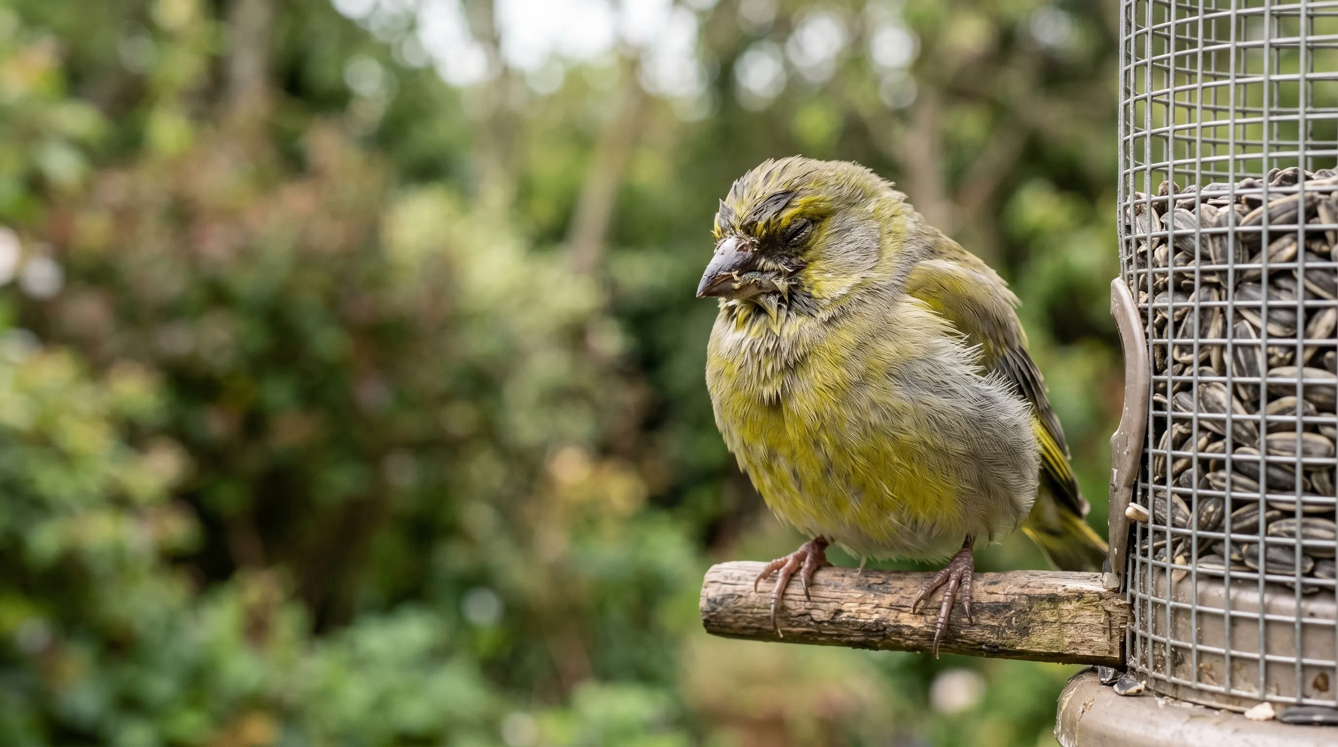 A close-up diagnostic of a UK greenfinch with classic trichomonosis symptoms: fluffed feathers, lethargic posture, wet beak area, sitting on a bird feeder perch in a Staffordshire garden