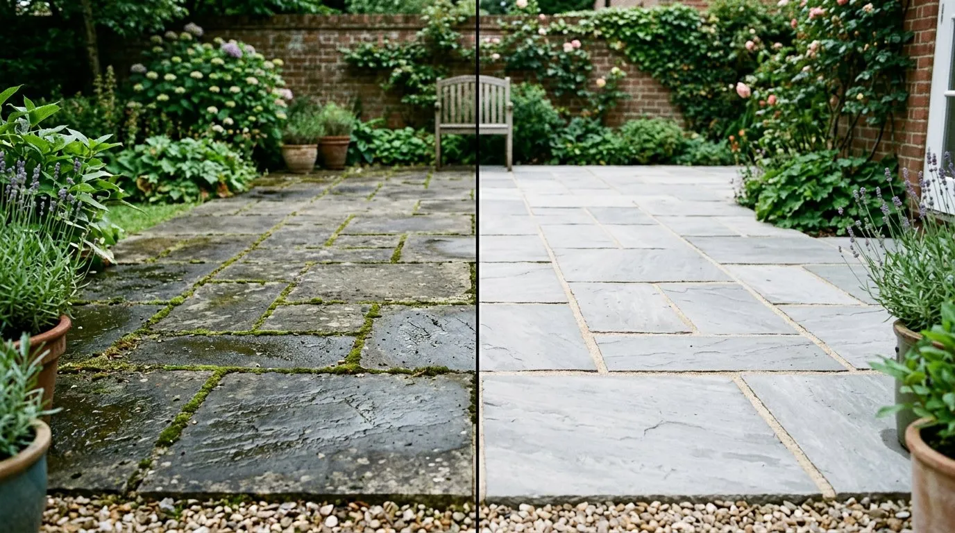 Split image showing a dirty algae-covered patio on the left and the same patio after cleaning on the right