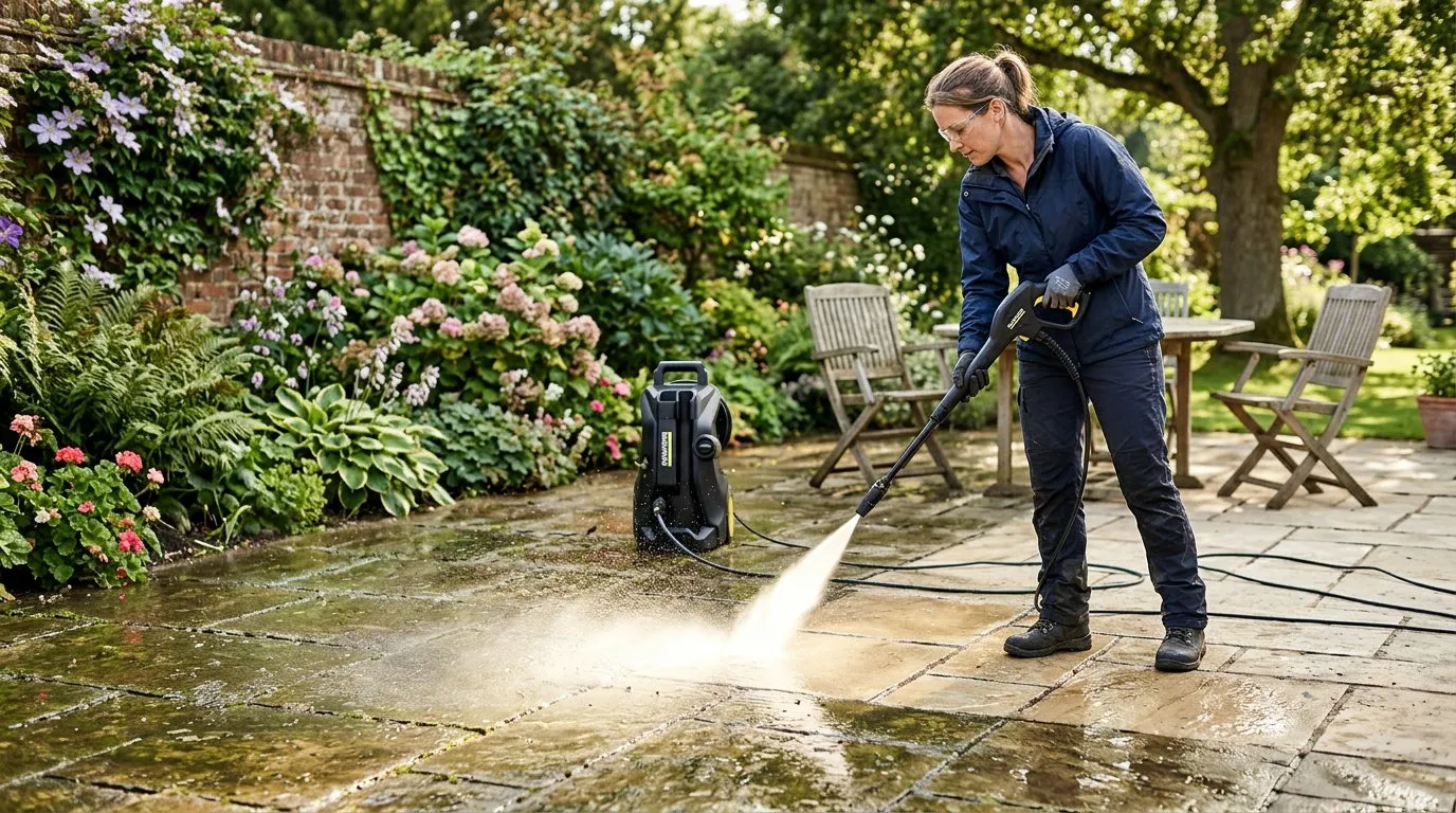 Pressure washer cleaning green algae from a stone patio in a UK garden with a visible clean stripe
