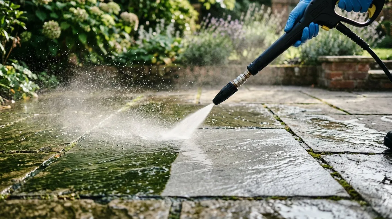 Close-up of a pressure washer cleaning algae from patio slabs with a visible clean line on a UK patio