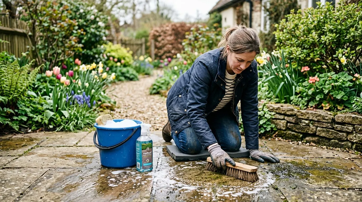 Person scrubbing sandstone patio slabs with a stiff brush and bucket of soapy water in a UK garden