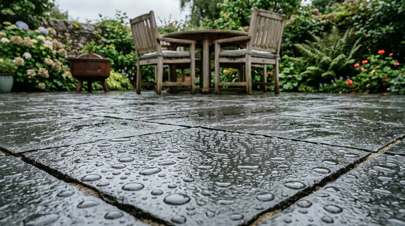 Sealed patio slabs with water beading on the surface after rain in a UK garden