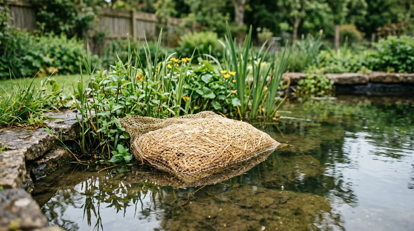 A mesh bag of barley straw floating at the edge of a clear UK garden pond