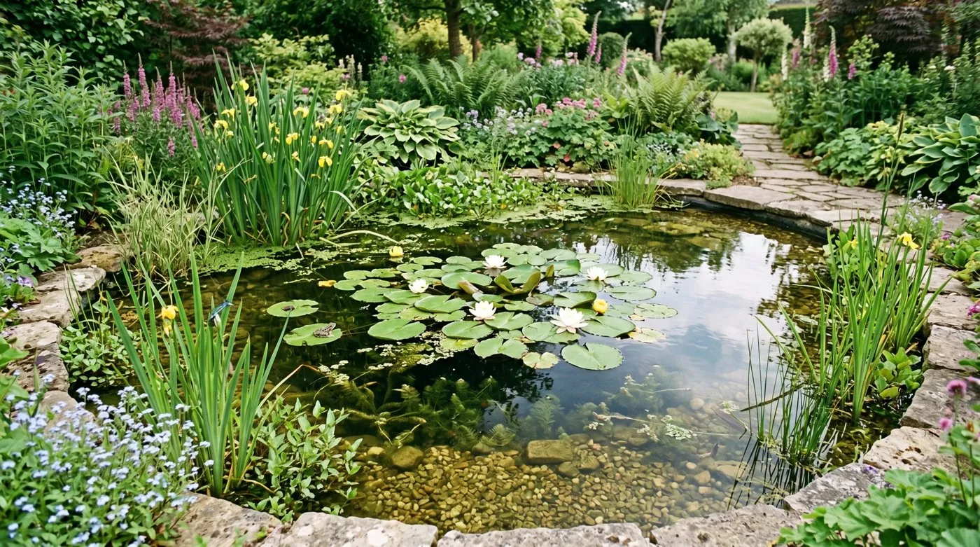 Green pea-soup pond water in a UK garden compared with clear balanced pond water
