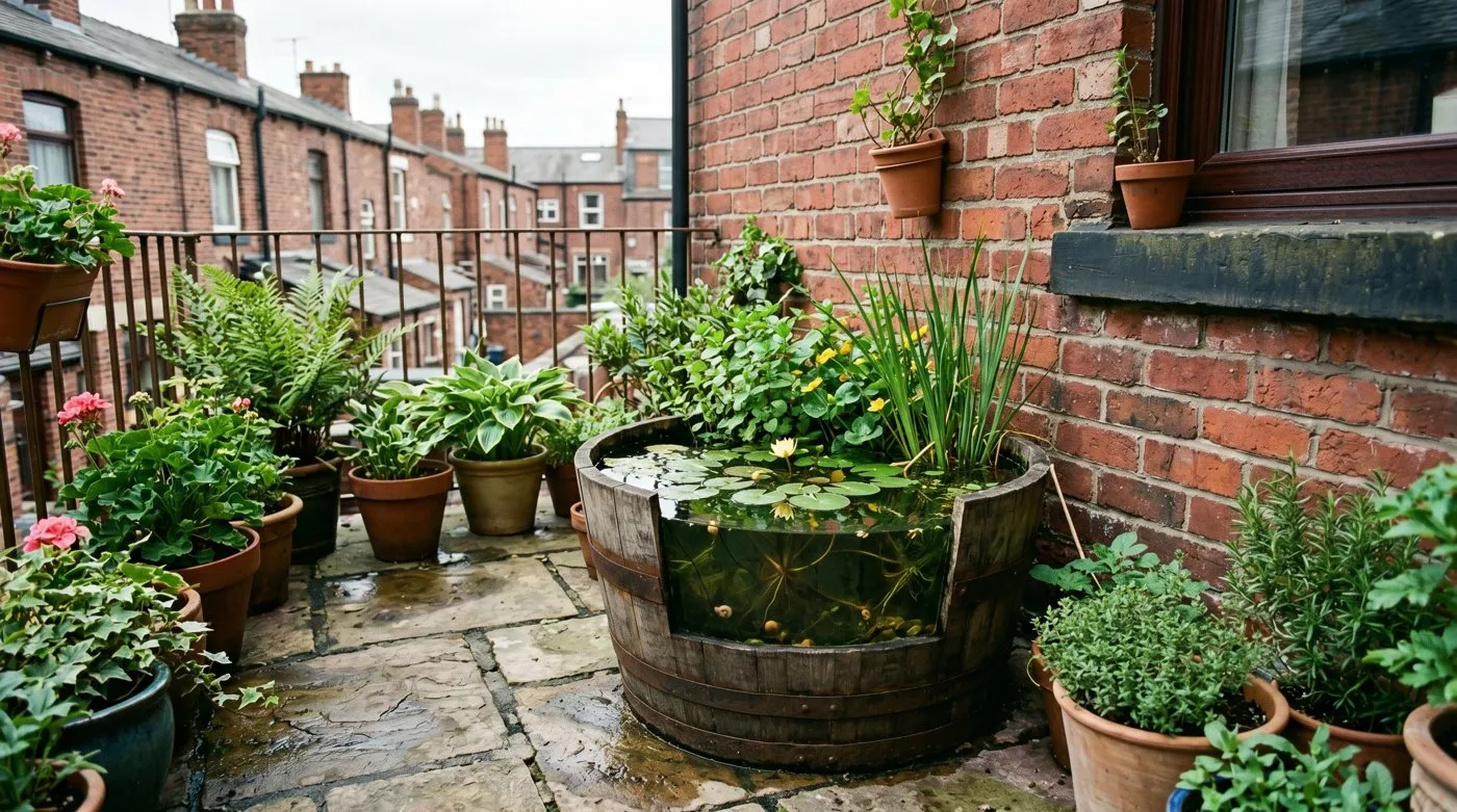 A small container pond in a half-barrel with clear water on a UK city patio