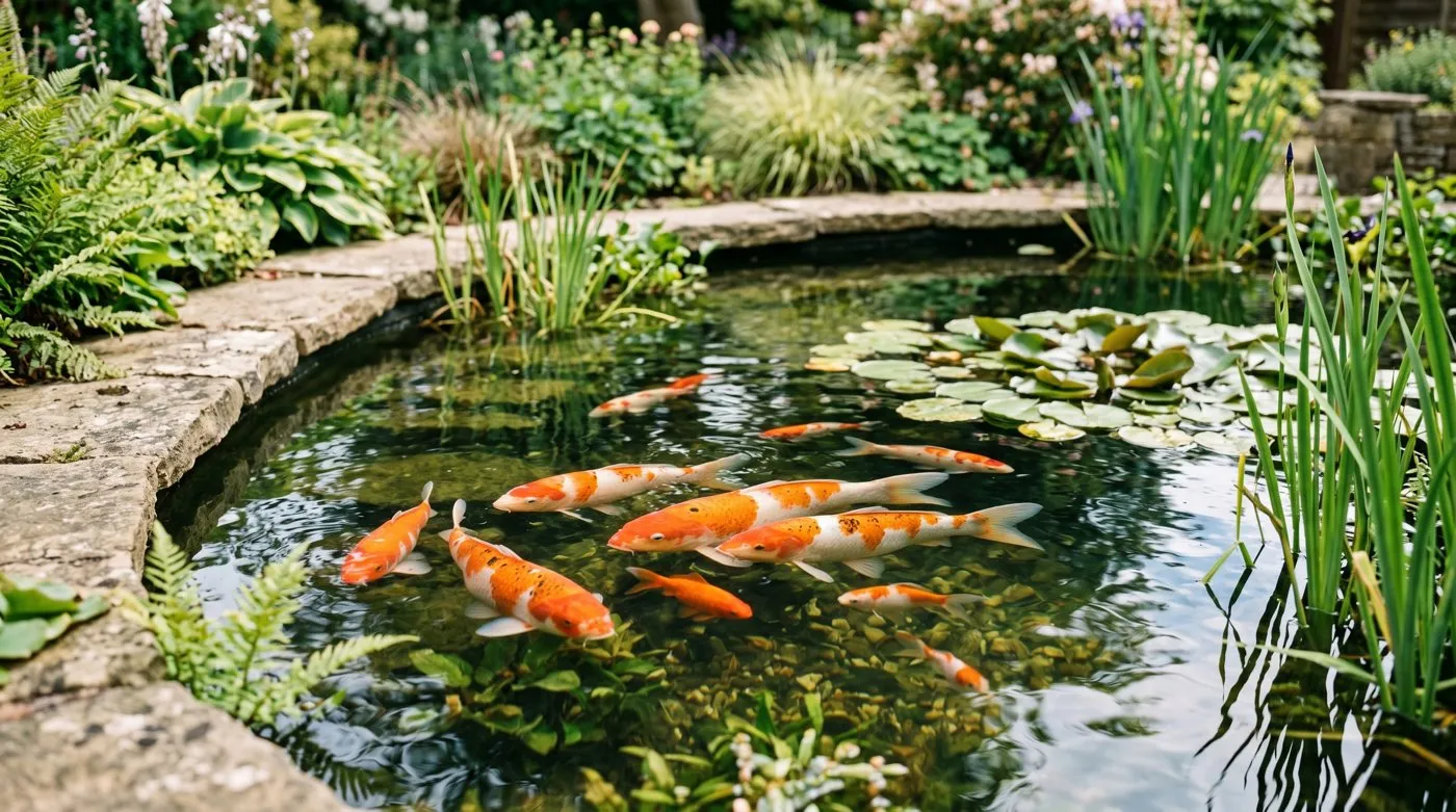 Goldfish and koi swimming in clear UK garden pond water after stocking is reduced