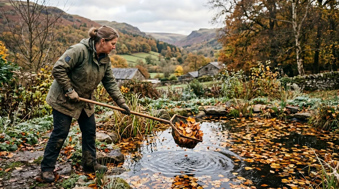 A gardener netting fallen autumn leaves off a clear UK garden pond surface