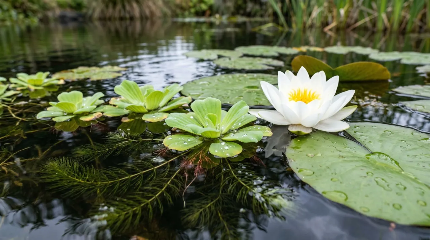 Oxygenating and floating pond plants including frogbit and a water lily on clear water