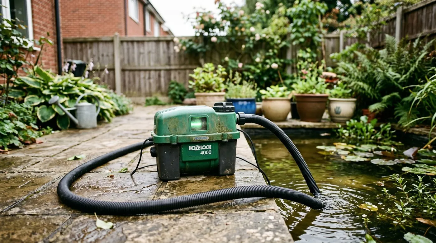 A green UV clarifier and pump filter unit beside a UK garden pond