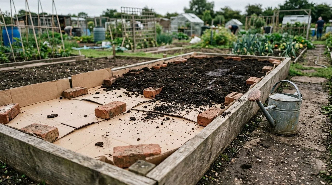 Cardboard mulch laid over an allotment bed with bricks weighing it down and 10cm of compost on top