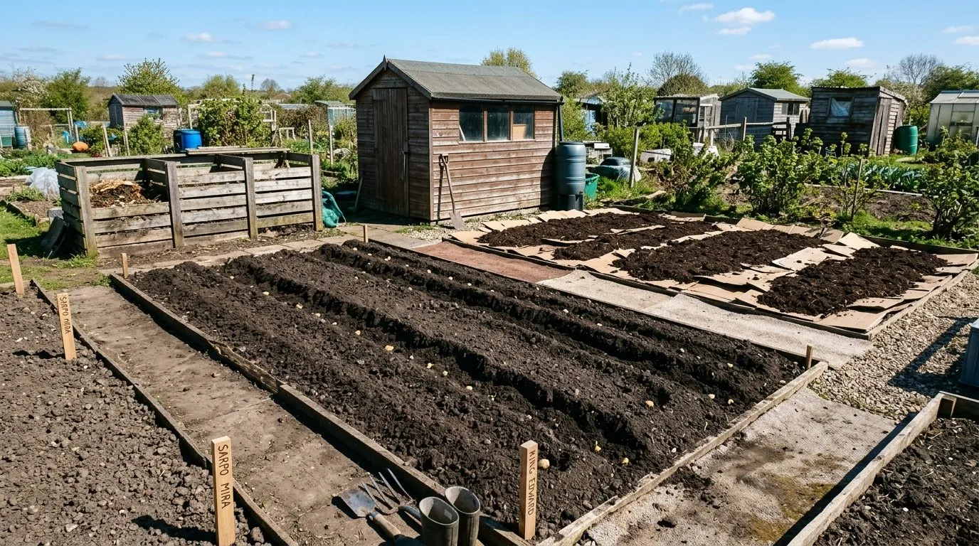 Cleared section of an allotment plot with first early potatoes planted in rows and cardboard mulch covering remaining area