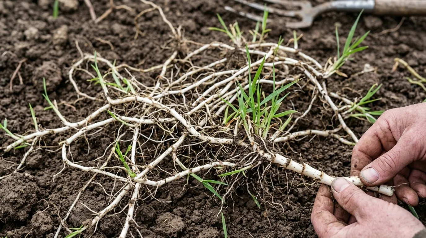 Couch grass rhizomes pulled from an allotment bed and laid out showing the wiry white root network