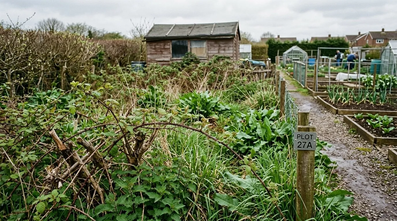 Overgrown UK allotment plot with brambles, nettles, and tall grass before clearing
