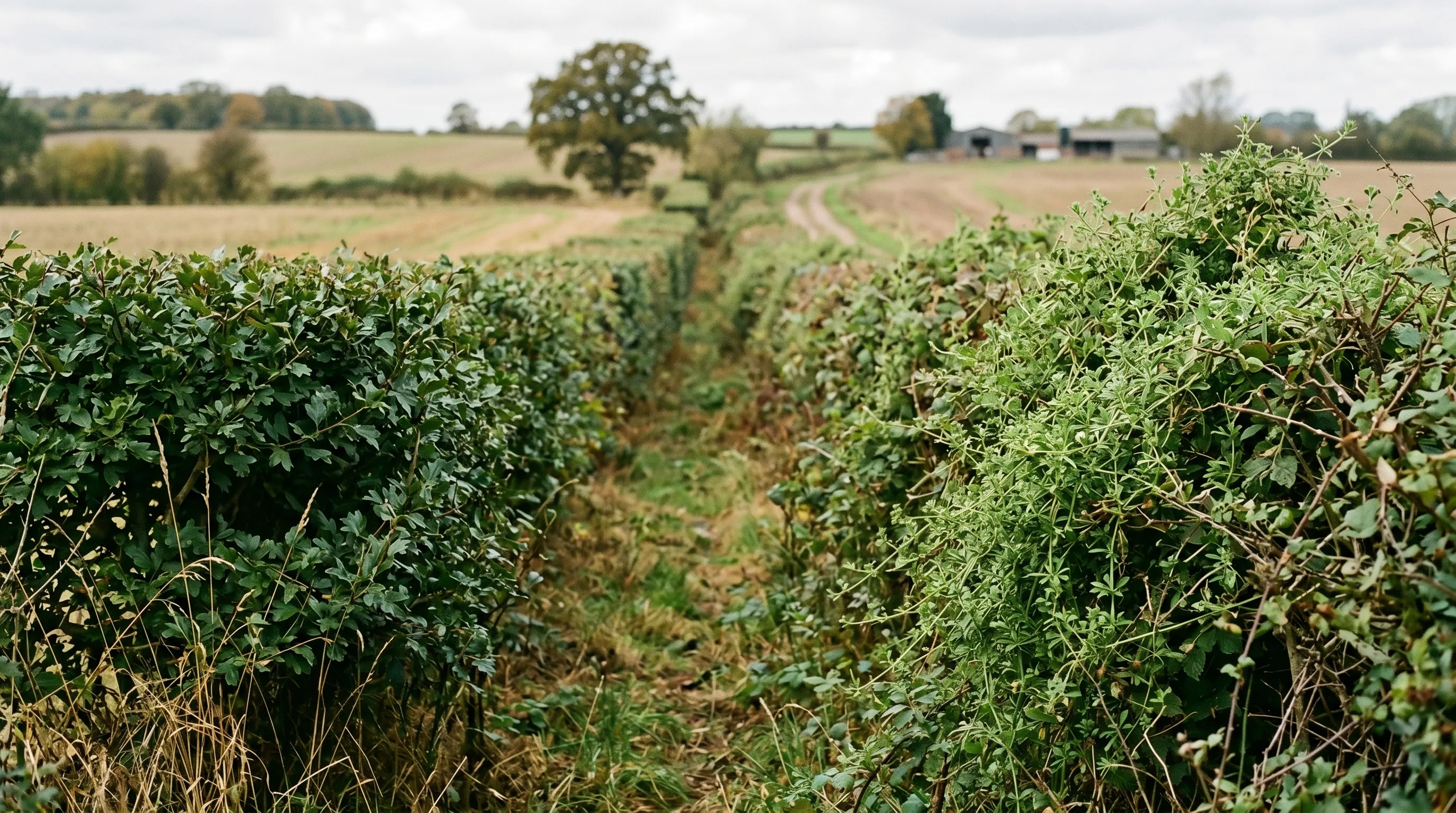A diagnostic comparison of two parallel UK hedges, the left under annual autumn pull routine showing clean foliage with no cleavers, the right unmanaged with dense cleavers scrambling across the hedge surface