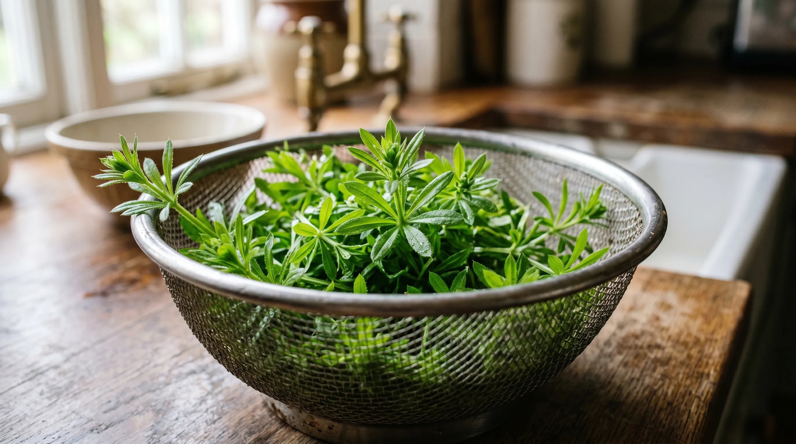 A close-up of fresh young cleavers tips in a UK kitchen colander, picked in late March, with the small round seed pods not yet developed