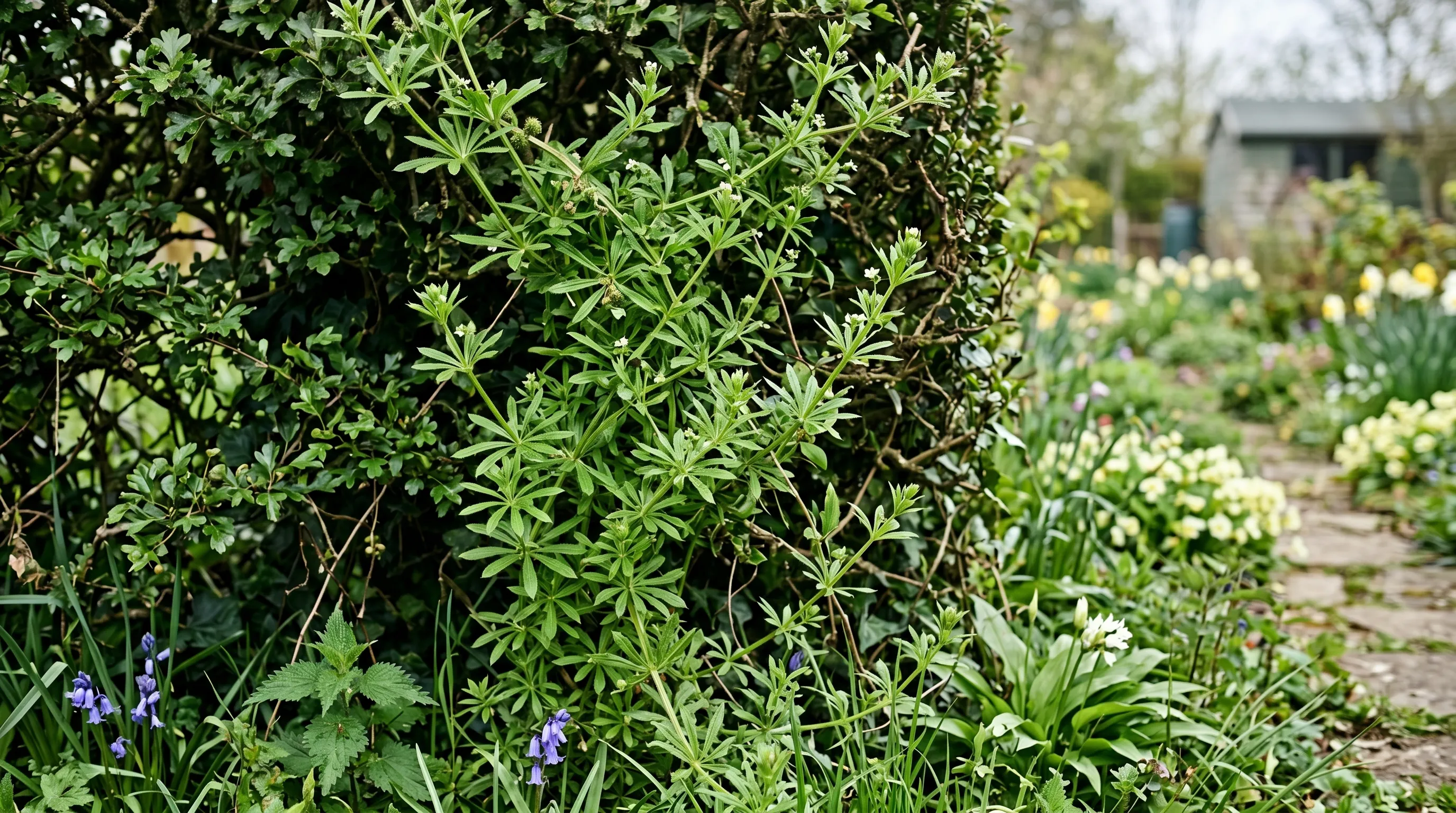 A UK garden border in early spring showing cleavers (Sticky Willy) Galium aparine plants scrambling up over a hedge with the velcro-like leaves visible