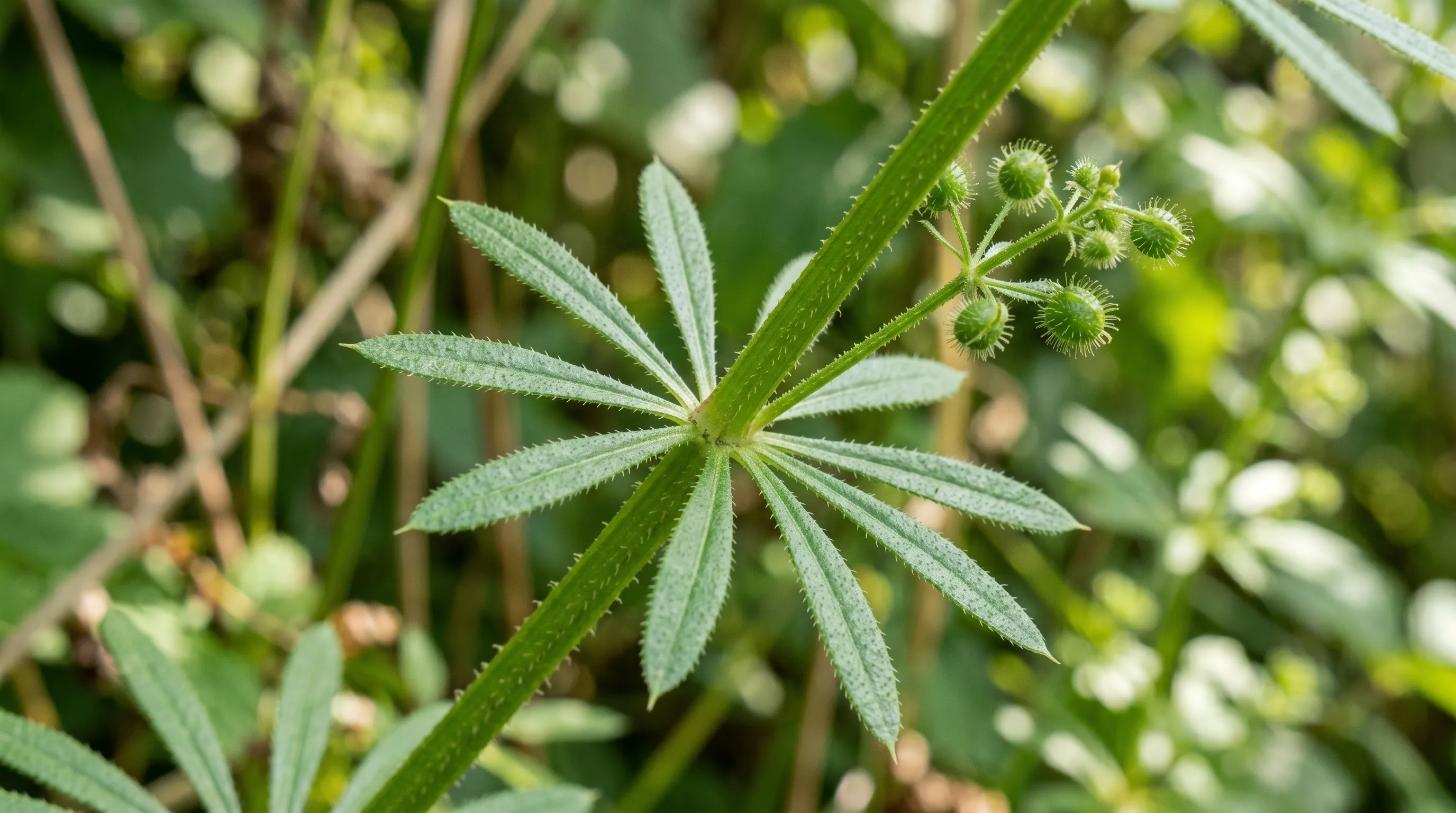 A diagnostic close-up of cleavers (Galium aparine) showing the whorls of 6-8 narrow leaves around the square stem, the tiny backward-pointing hooks visible on the stem, and the small round sticky seed pods