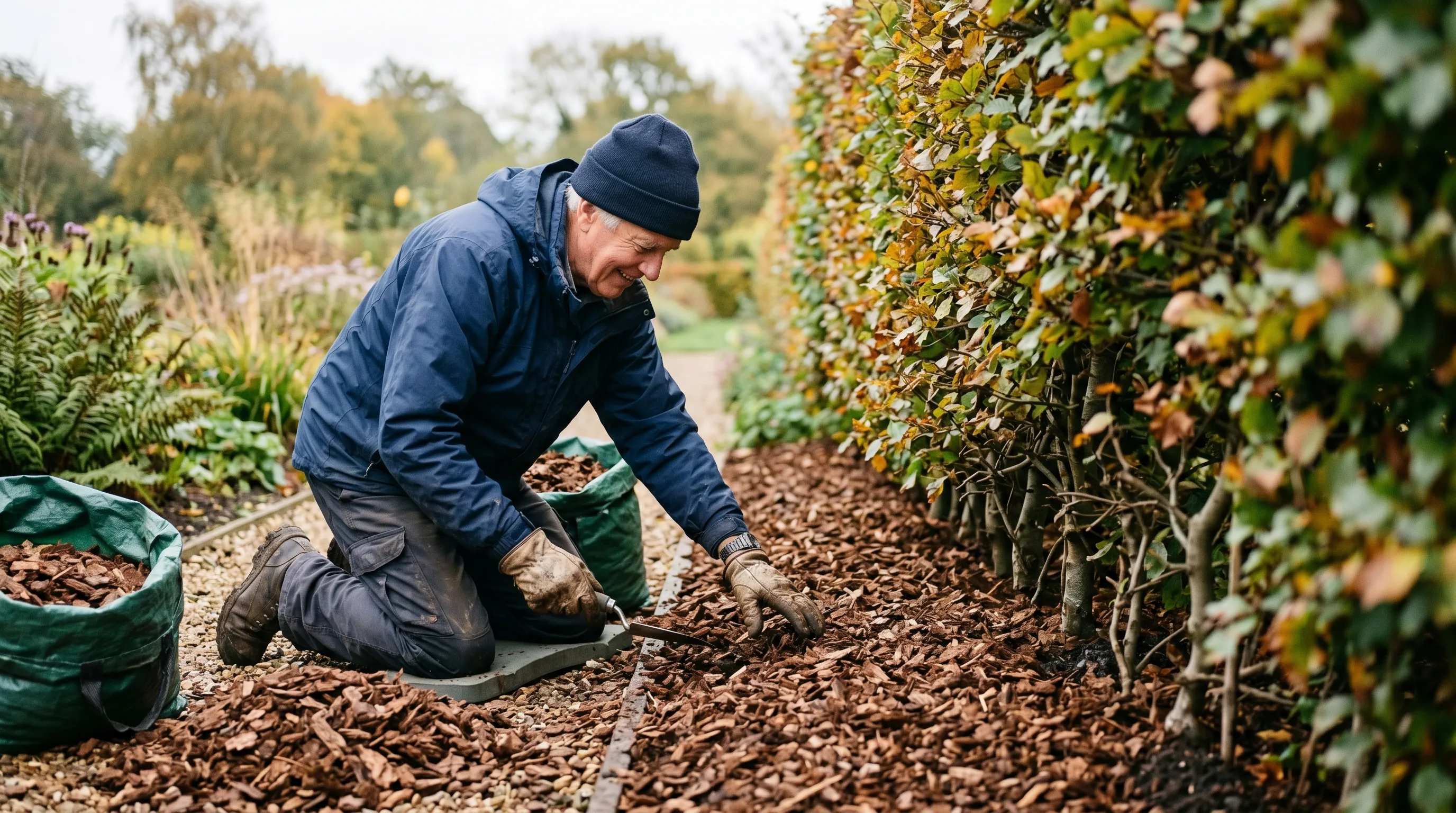 A UK gardener applying a 75mm bark chip mulch around a hedge in October to suppress cleavers germination, with the bark applied in a clear 1m wide strip at the hedge base