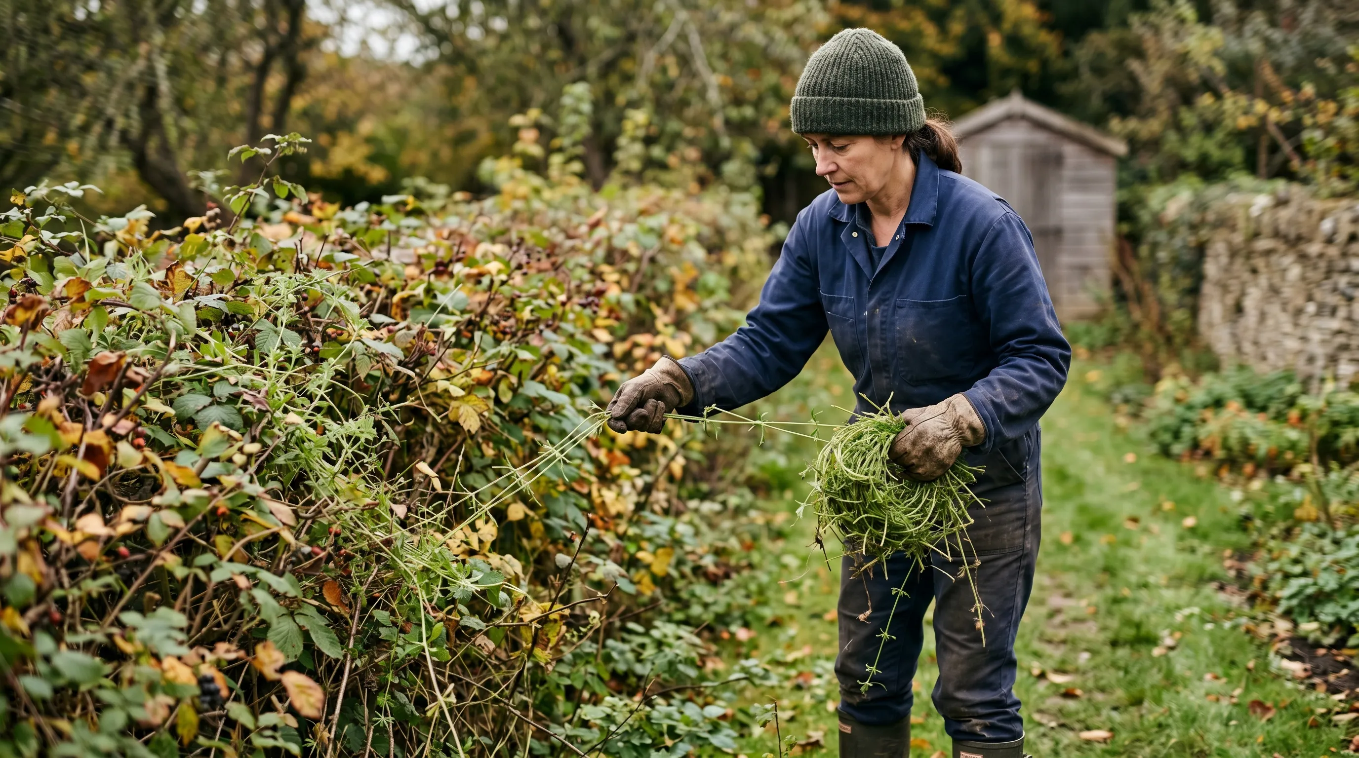 A UK gardener wearing long sleeves and gloves pulling cleavers from a hedge in October, with the long thin stems being rolled into a ball as they come away from the hedge