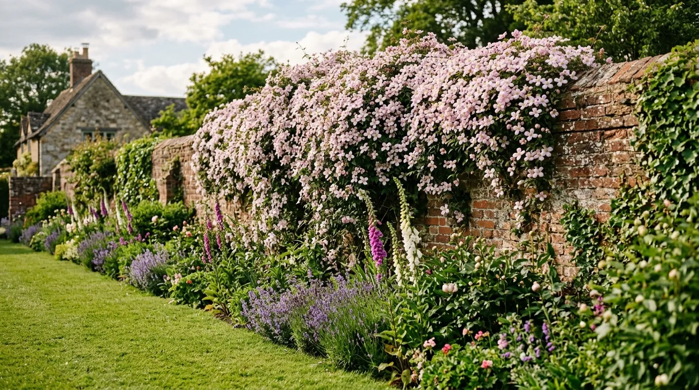 Clematis montana flowering on old wood in a UK garden