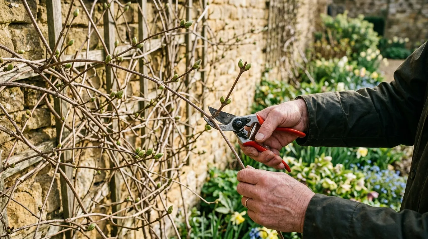 Pruning clematis stems in a UK garden during early spring