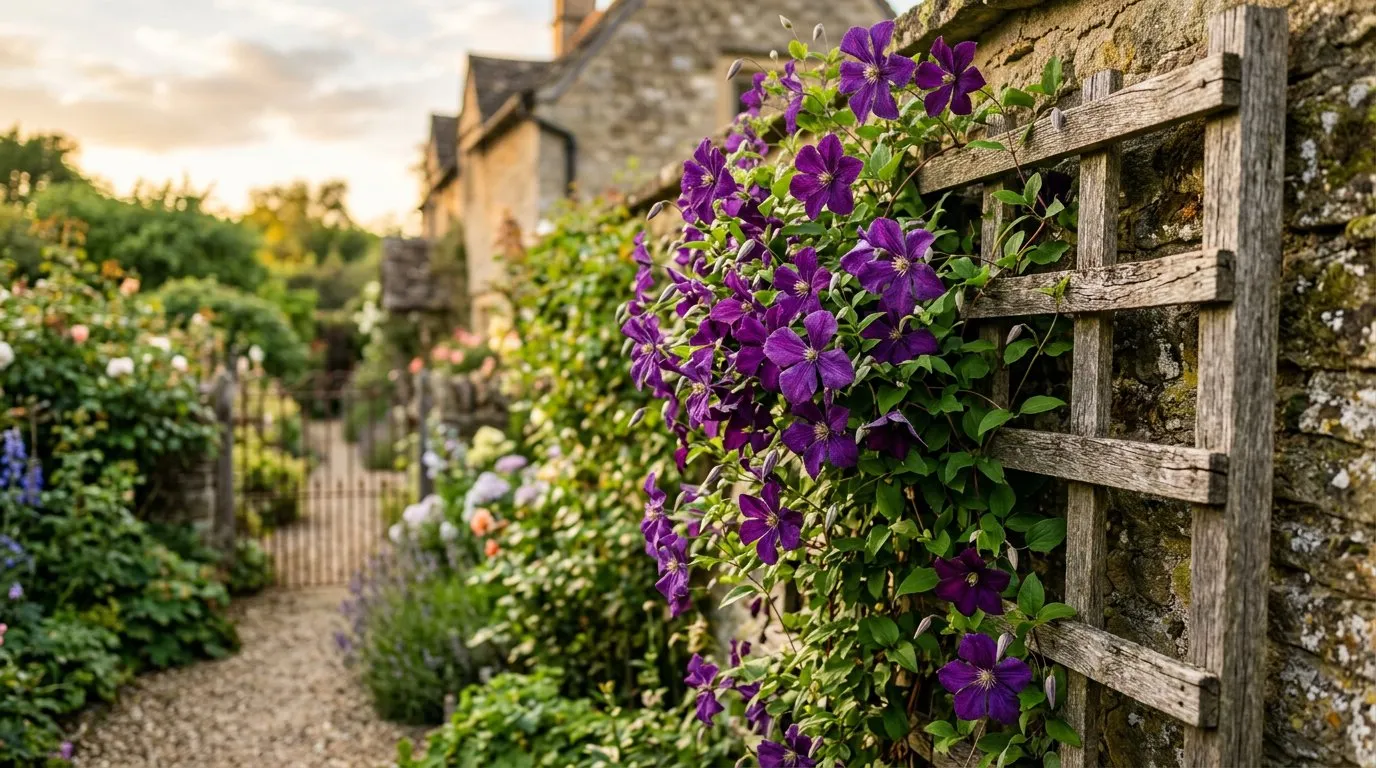 Purple clematis trained on a wooden trellis against a stone wall in a UK cottage garden