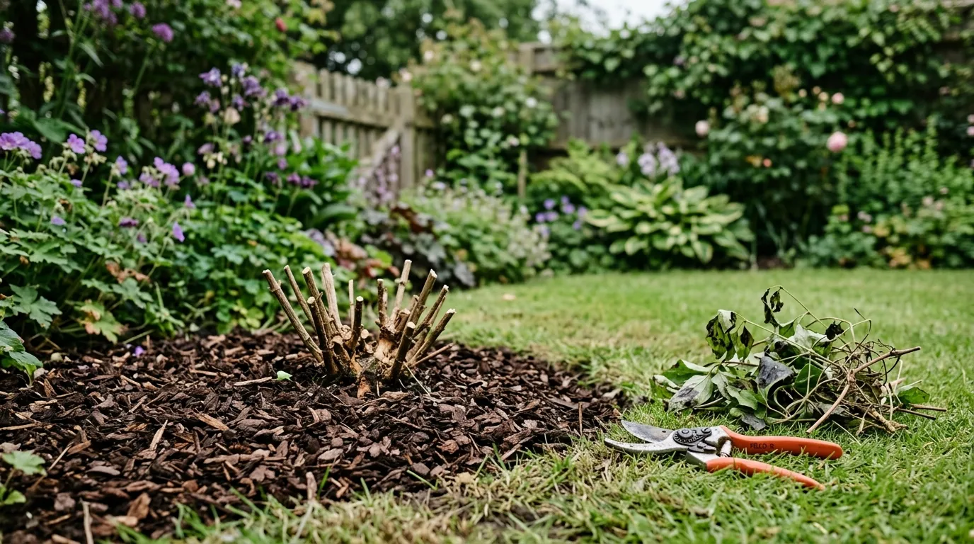 Cut clematis stems and secateurs on a lawn with a freshly cut-back plant and mulch of bark chips applied around the base