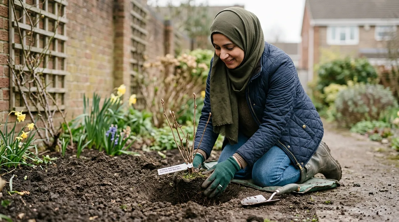 A British woman planting a clematis with its rootball set 75mm below the surrounding soil line, in a freshly dug hole with bark mulch beside her