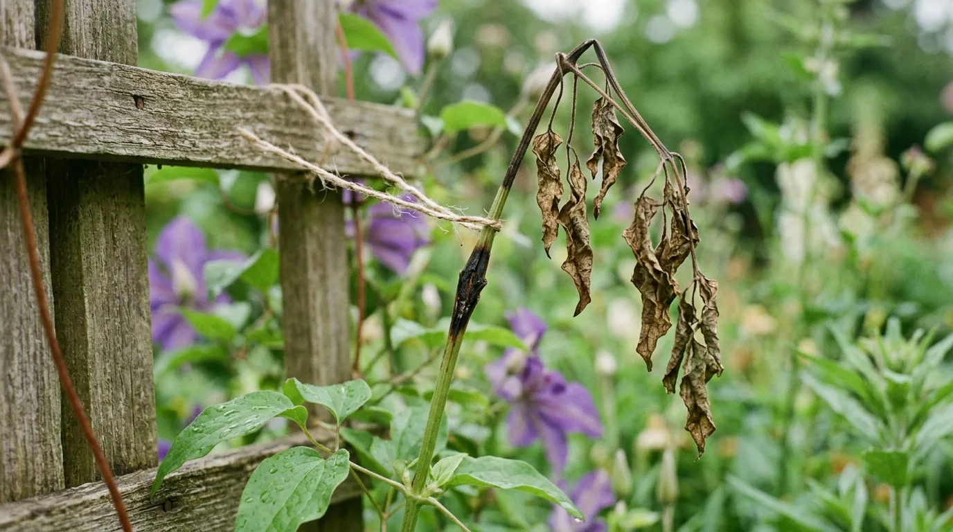 Close-up of a wilted clematis stem with a black fungal lesion at the base and brown collapsed foliage above