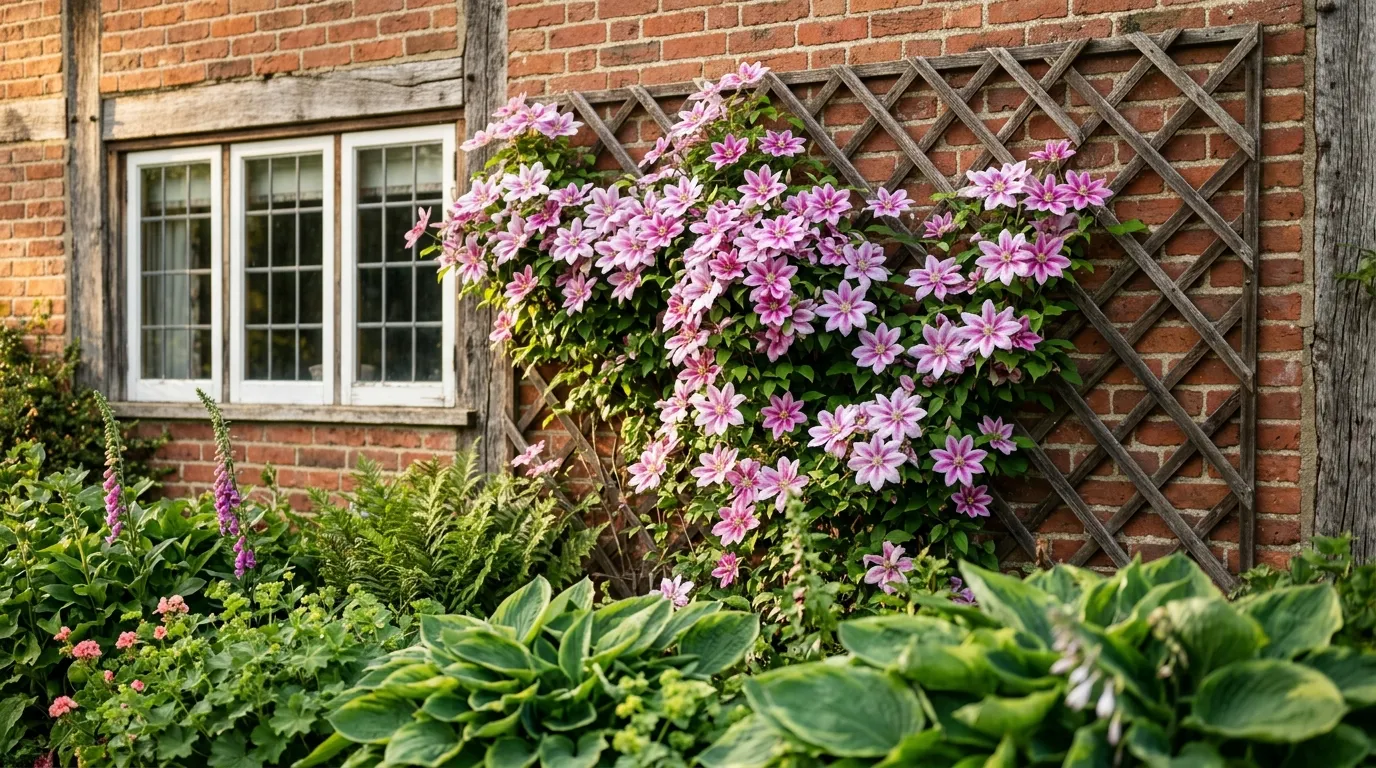 Climbing clematis Nelly Moser in full pink-and-white bloom on a UK cottage wall, the recovered version of a wilt-collapsed plant after a full cut-back season