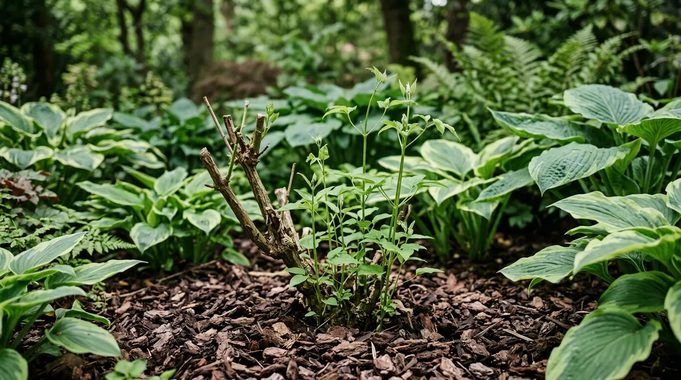 New green clematis shoots regrowing from the buried crown after a wilt collapse, with bark mulch around the base