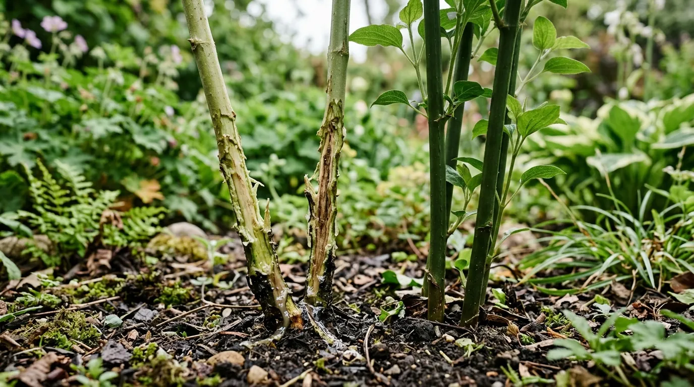 Clematis stem at soil level showing slug-chewed bark, exposed pale wood and a fresh slime trail beside it
