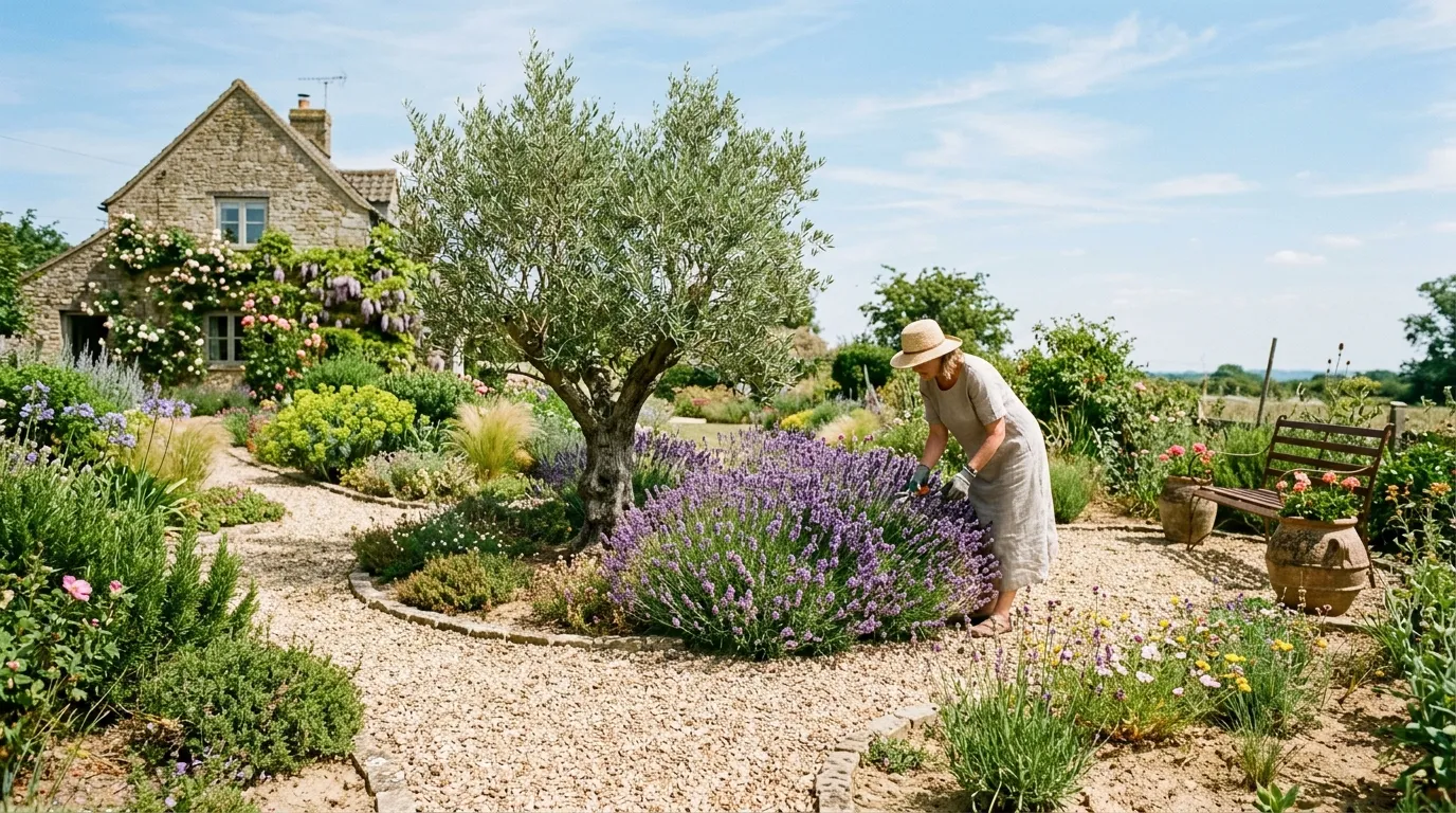 UK garden adapted for climate change with Mediterranean drought-tolerant plants and gravel paths