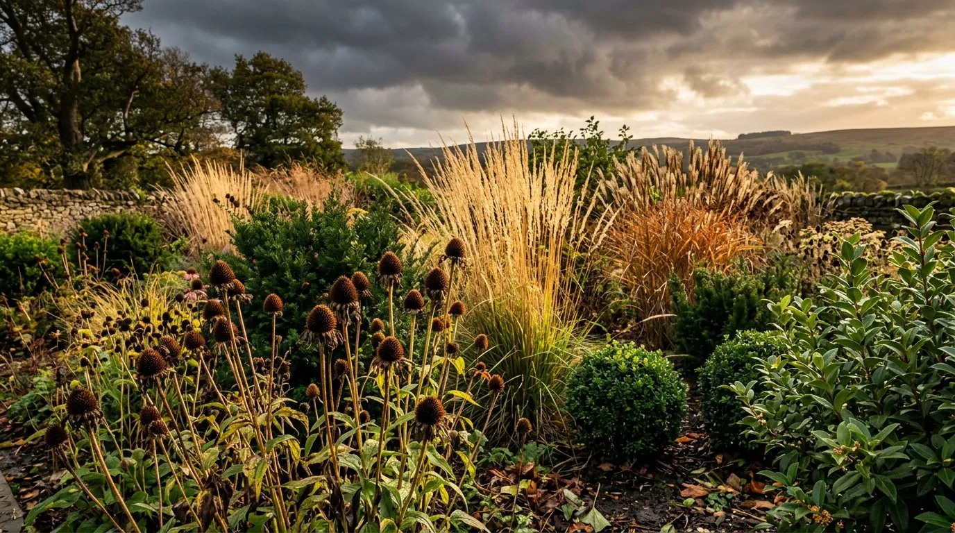 Climate resilient autumn border with echinacea seed heads, ornamental grasses, and evergreen shrubs