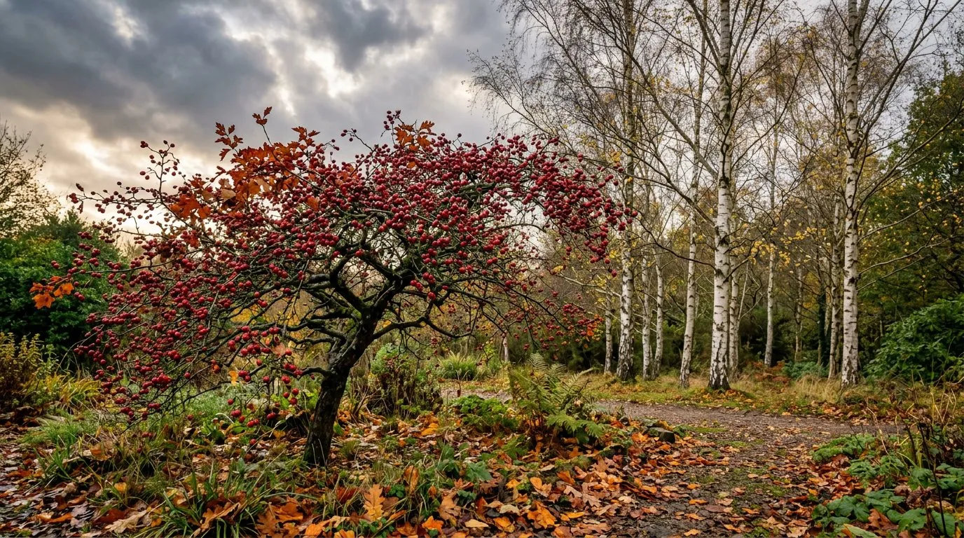 Climate resilient hawthorn tree with red berries and silver birch trees in a UK garden in late autumn