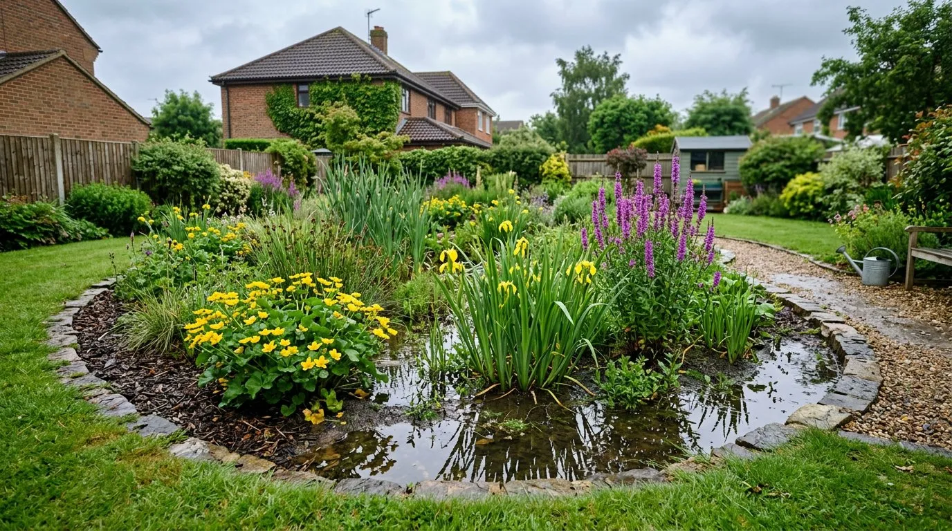 Climate resilient rain garden with marsh marigold, flag iris, and purple loosestrife in a UK suburban garden