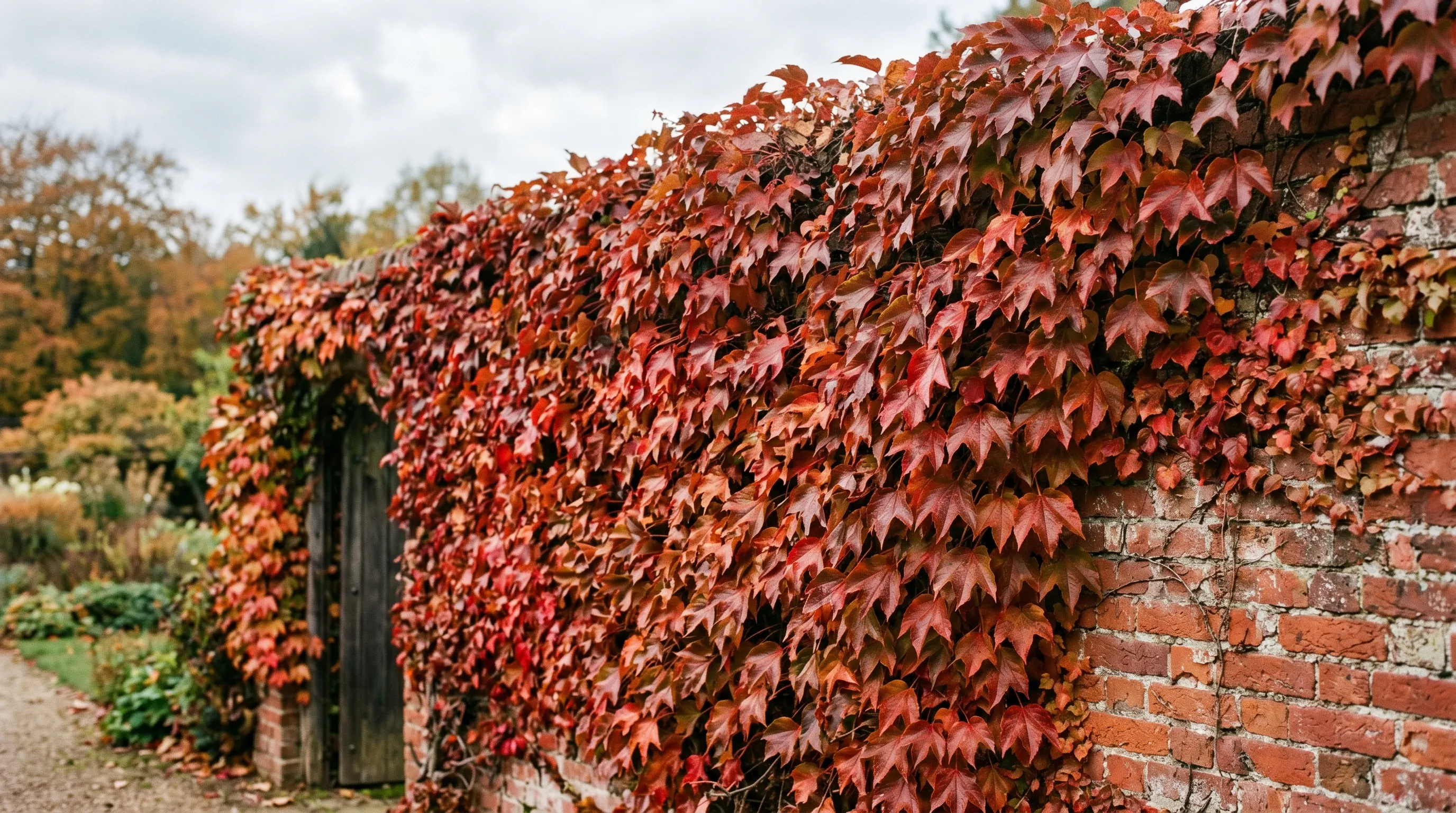 Boston ivy Parthenocissus tricuspidata in fire-red autumn colour on a UK brick wall in October