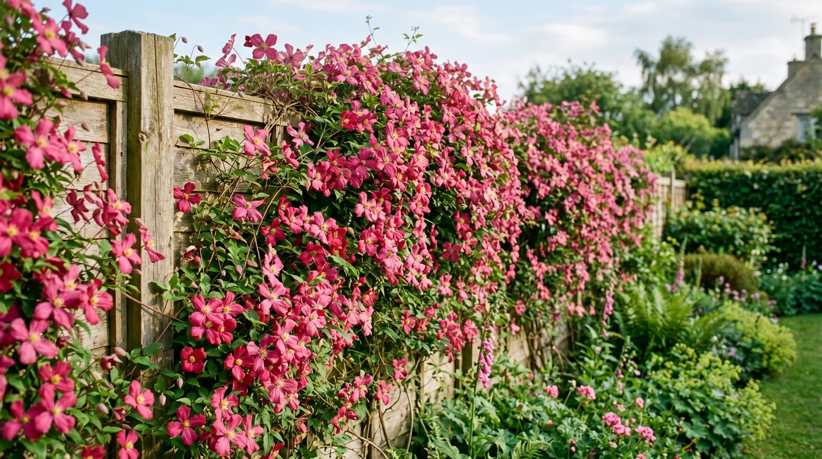 Clematis montana in full pink flower covering a wooden fence panel in late May
