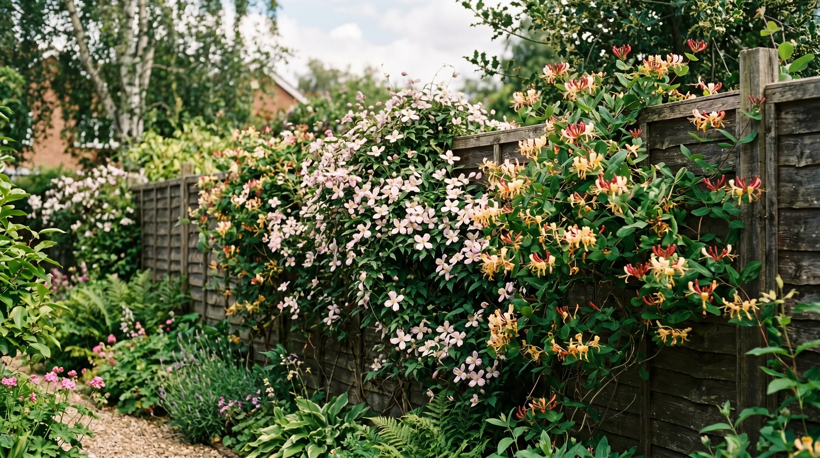 Fast-growing climbers covering a wooden fence with clematis and honeysuckle in mid-summer