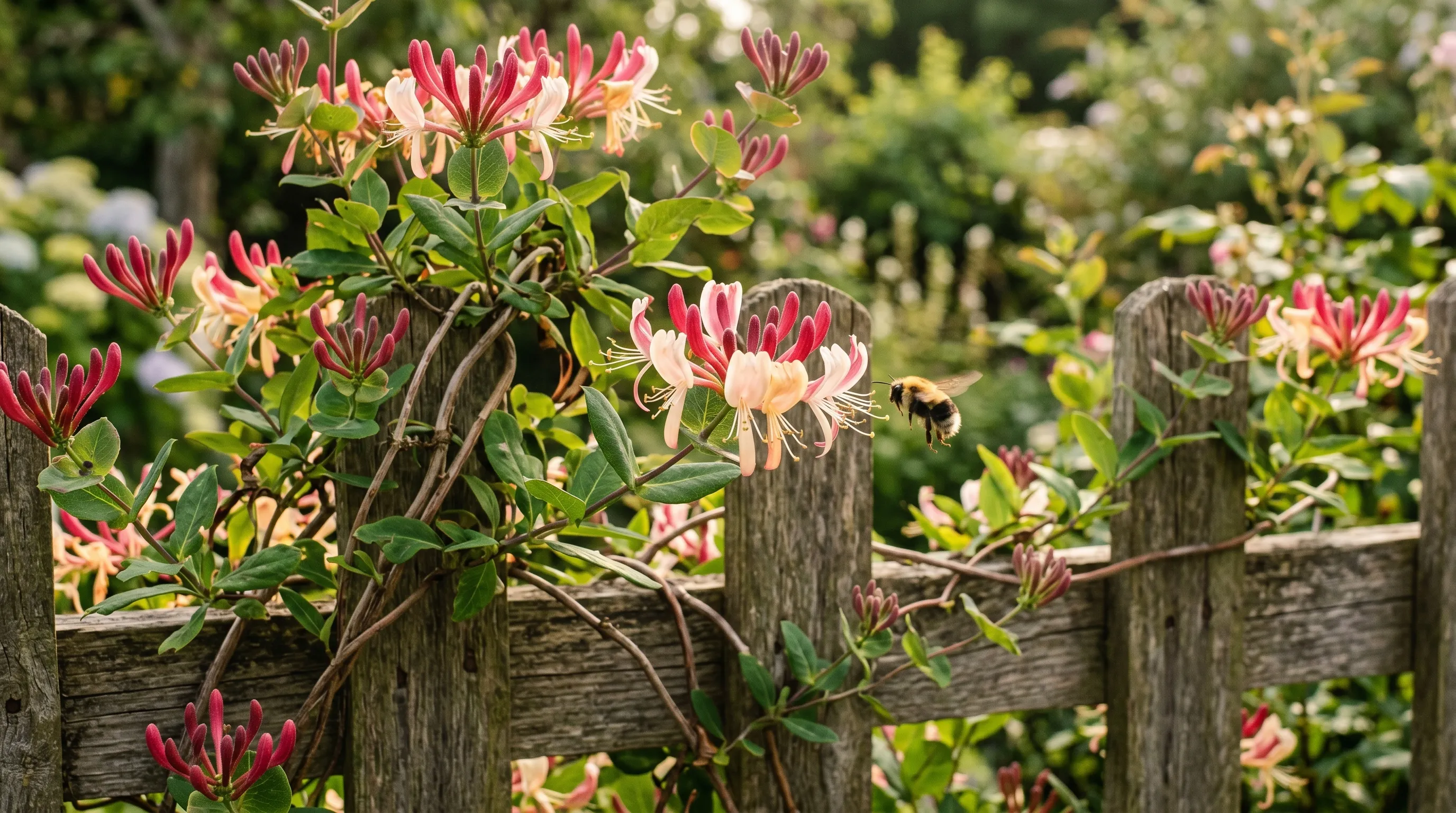Honeysuckle Lonicera periclymenum in scented red-pink flower on a UK garden fence in July