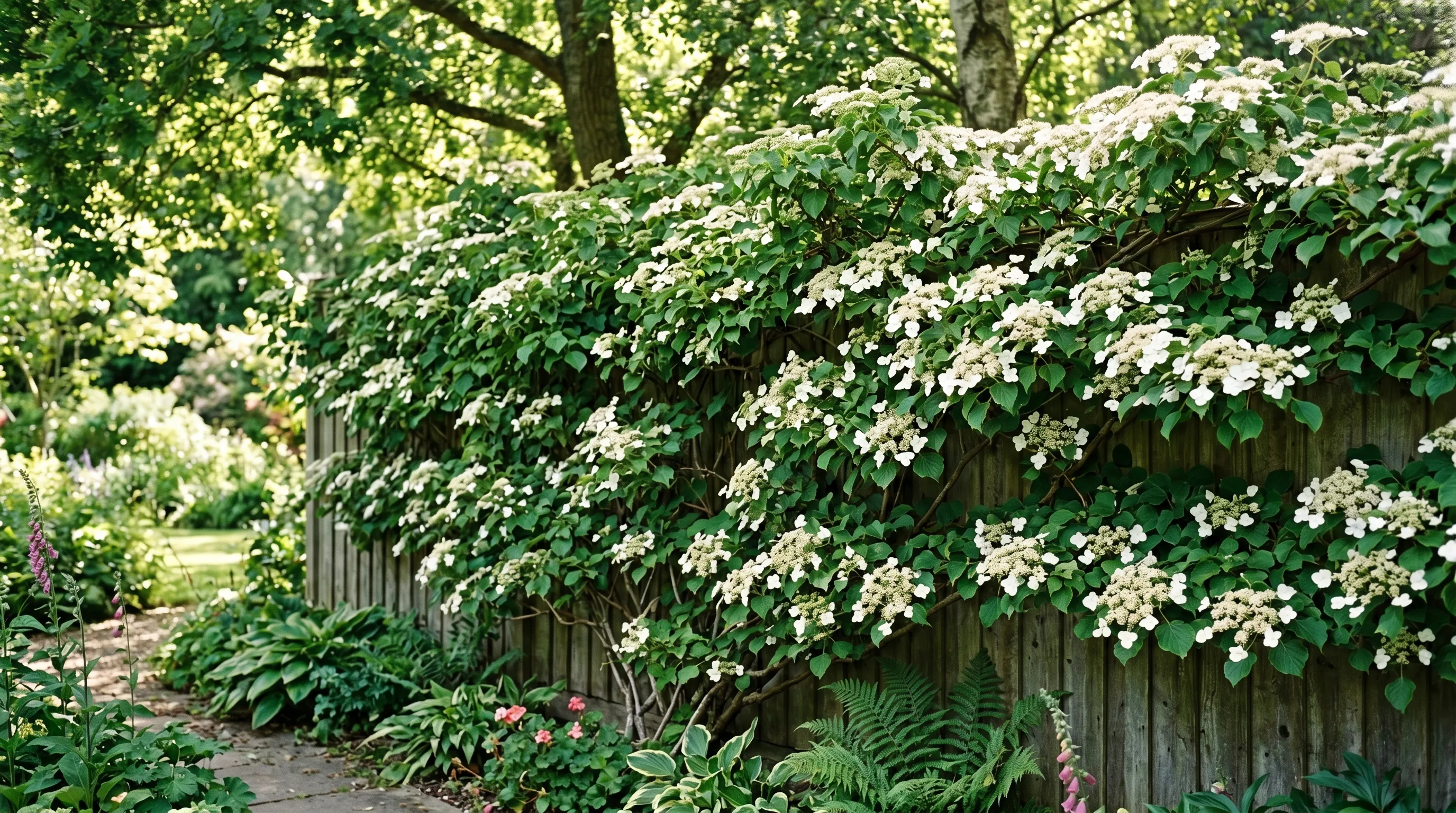 Climbing hydrangea Hydrangea anomala petiolaris in flower covering a north-facing UK fence