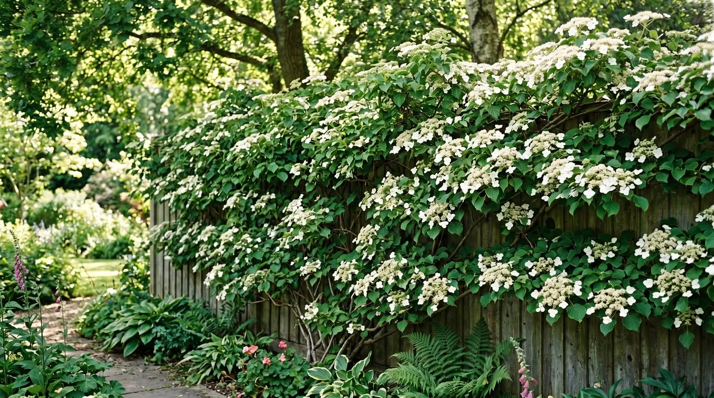 Climbing hydrangea Hydrangea anomala petiolaris in flower covering a north-facing UK fence