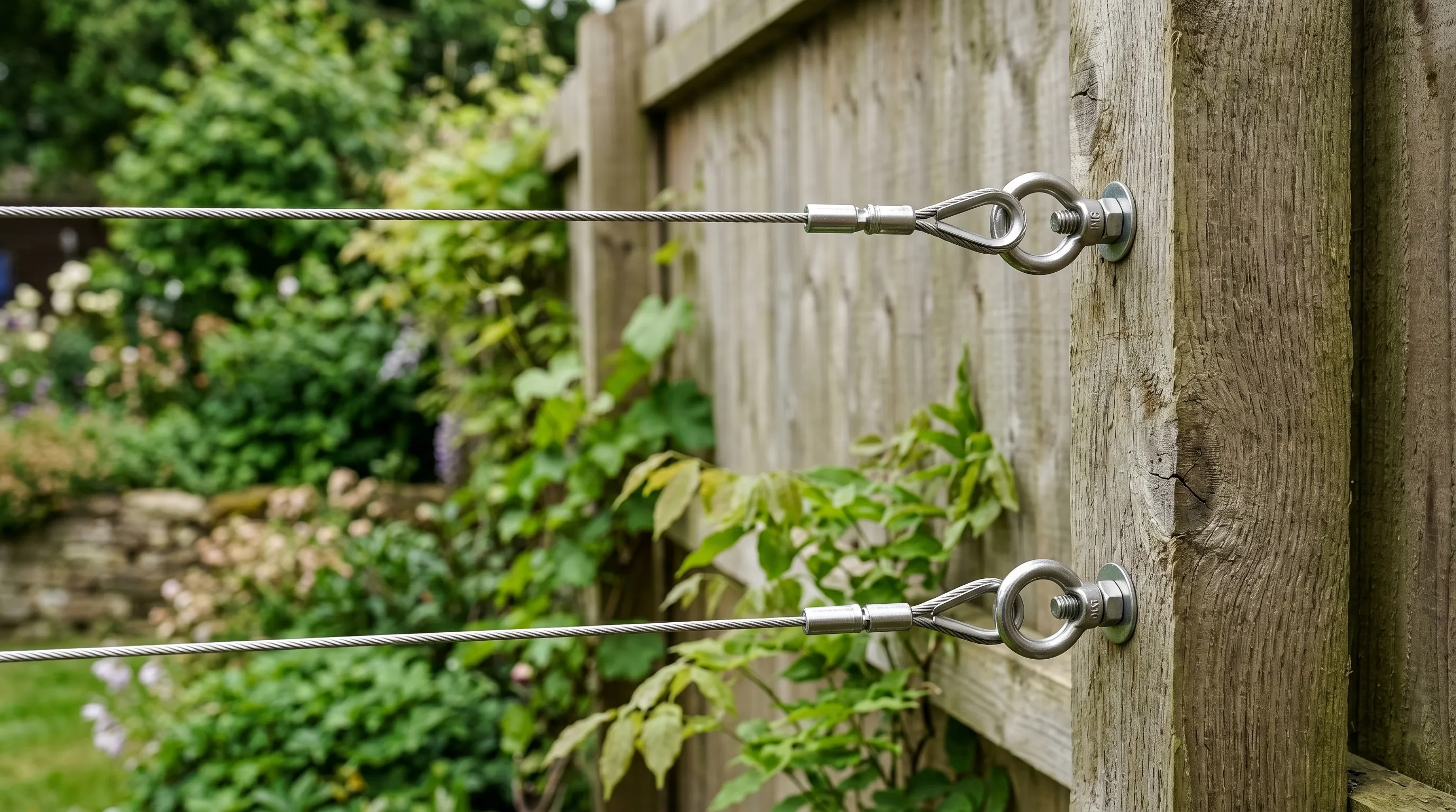 Wire trellis fitted to a fence post with stainless steel wire and eye bolts ready for climbers