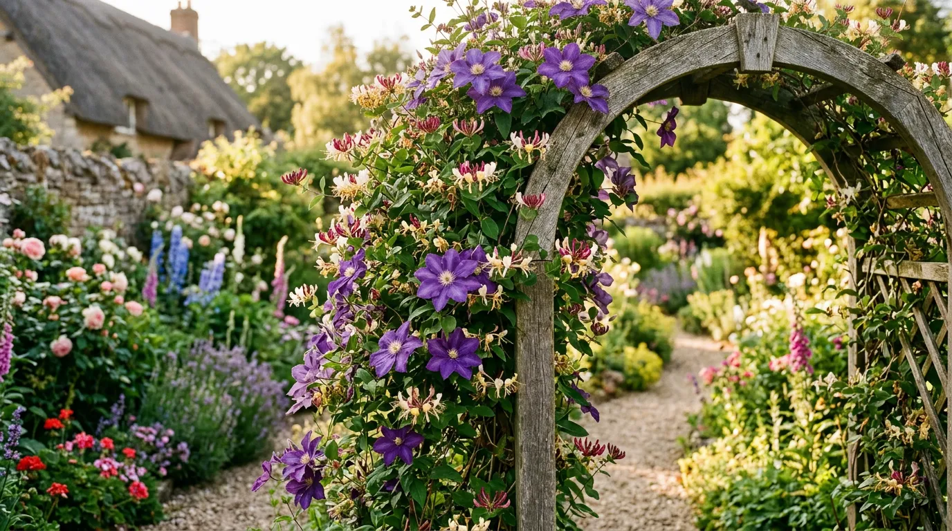 Clematis and honeysuckle growing together on a wooden garden arch in an English cottage garden in full summer bloom