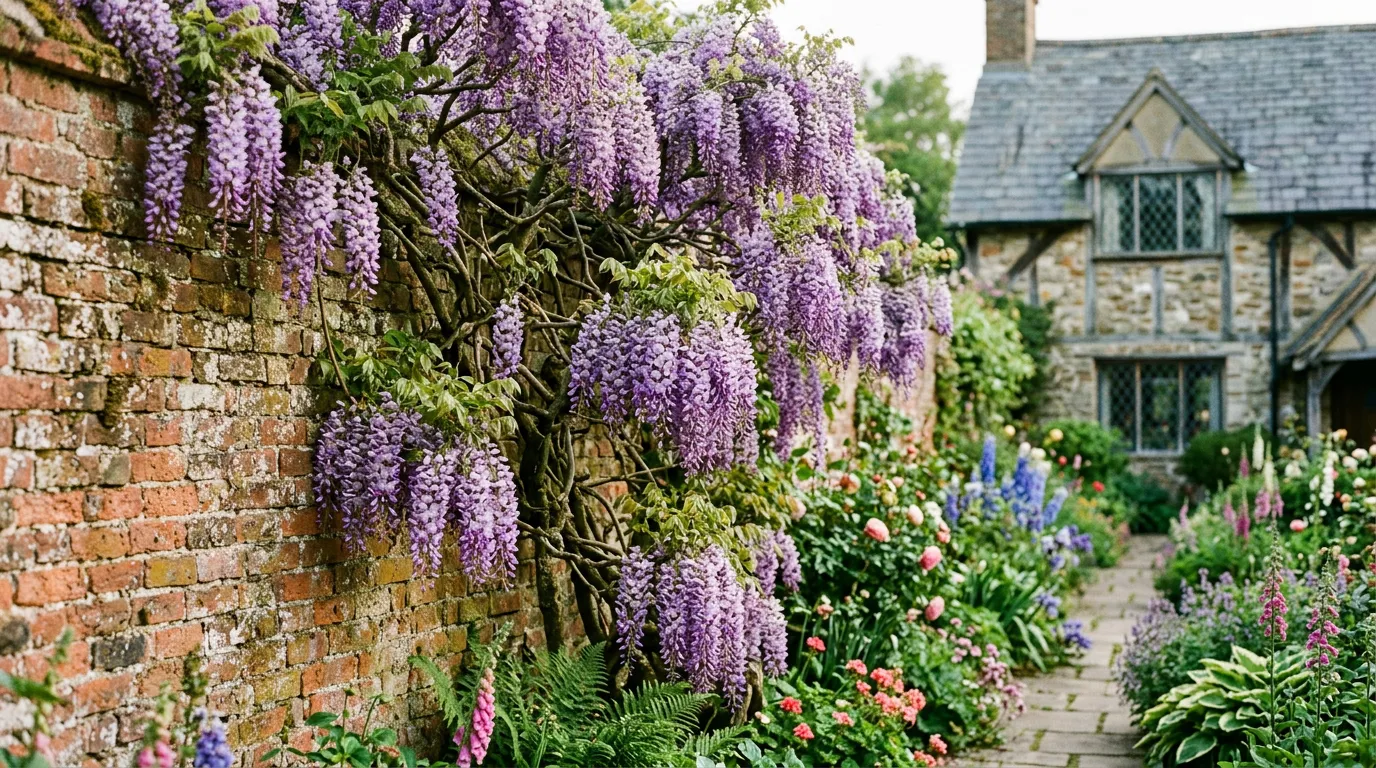 A mature wisteria in full purple bloom cascading over an old brick garden wall in soft morning light